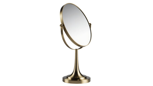 Oval brass vanity mirror with adjustable stand, isolated on transparent background