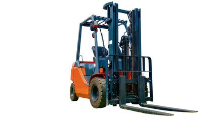 Orange and blue industrial forklift truck with metal forks, isolated on transparent background © Nolan