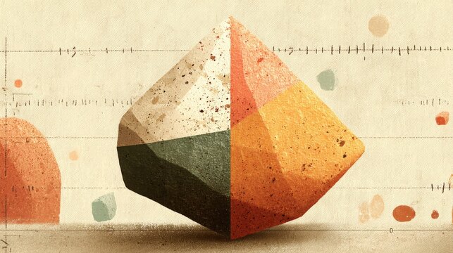 Abstract geometric composition featuring a textured multicolored cube with splashes of paint on a vintage background