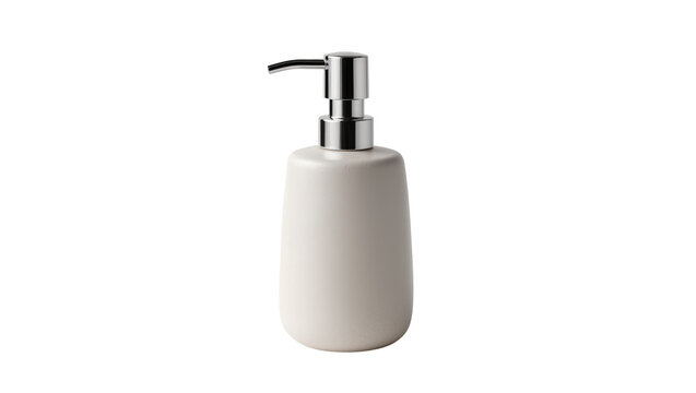Minimalist beige ceramic soap dispenser with chrome pump, isolated on transparent background