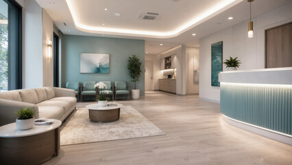 Fototapeta premium Private clinic waiting room with biodynamic lighting promoting calm and safety in professional medical setting
