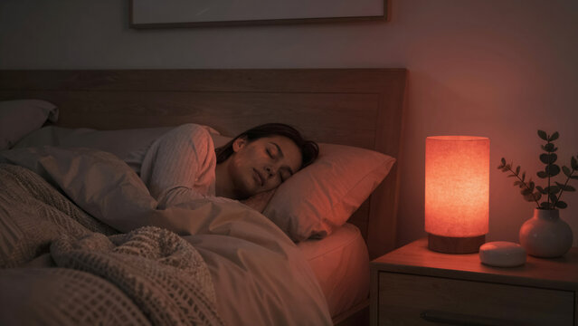 Peaceful sleep scene in bedroom with smart nightstand lamp fading into deep red sunset tones for relaxation