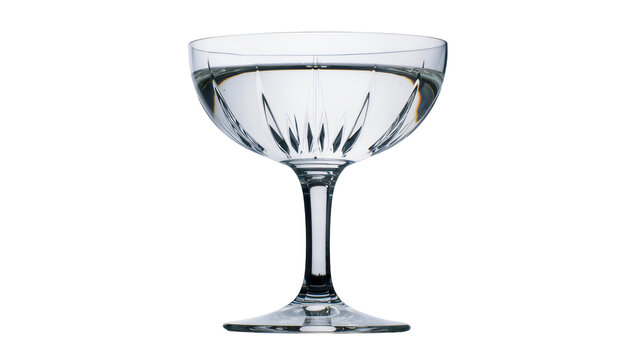 Clear crystal coupe glass filled with clear liquid, isolated on transparent background