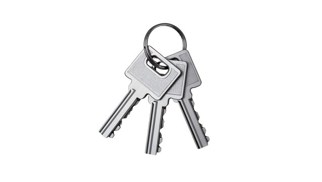 Three silver metal keys on a ring, isolated on transparent background