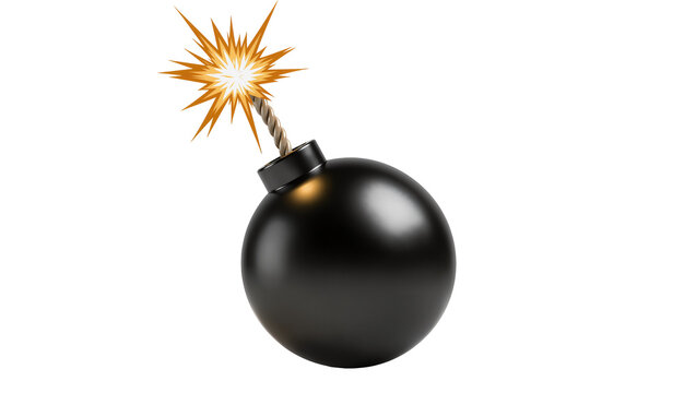 Black round bomb with lit fuse, isolated on transparent background