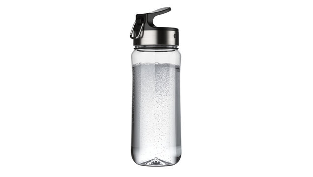 Clear glass water bottle with metal lid and flip top filled with sparkling water, isolated on transparent background