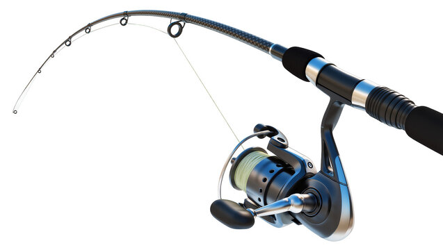 Curved fishing rod with spinning reel and line, isolated on transparent background
