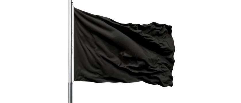 Waving black fabric flag on metal pole, isolated on transparent background