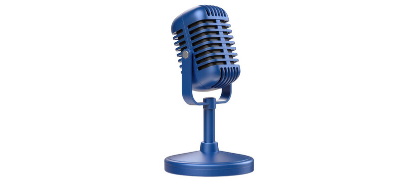 Retro blue microphone on stand, isolated on transparent background