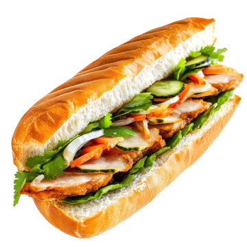 Delicious banh mi sandwich with crispy pork fresh vegetables and cilantro isolated on white background