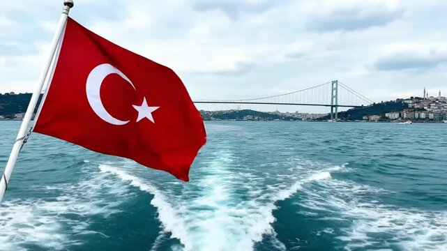 Turkish flag waving on a boat in the bosphorus strait with the 15 july martyrs bridge in the background in istanbul, turkey