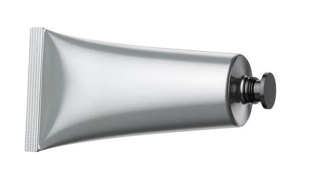 Silver metallic squeeze tube with black cap, isolated on transparent background