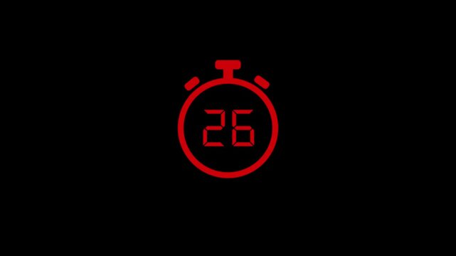 A glowing red beautiful stop watch timer countdown 30 second to 0 second on black background.Abstract stopwatch,watch,clock icon animation.