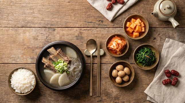 Korean beef short rib soup galbitang top view food photography on rustic wood background