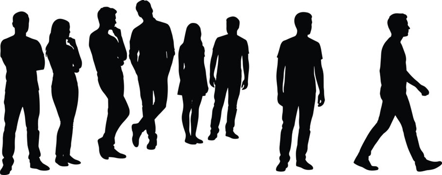Casual People Silhouette Collection Featuring Standing Walking Thinking and Relaxed Human Pose Bundle