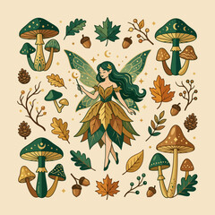 Naklejka premium A whimsical forest fairy surrounded by autumn leaves and mushrooms