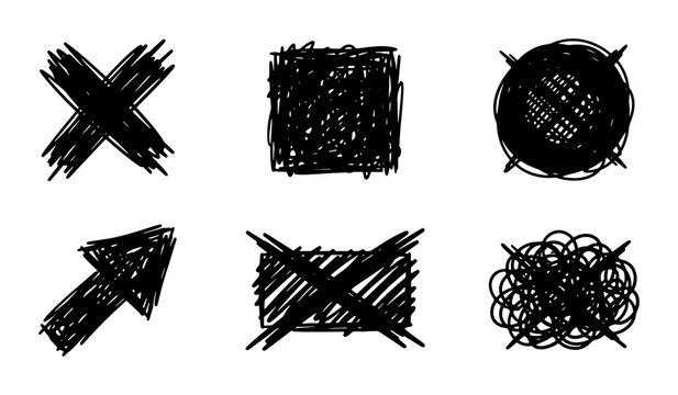Set of hand drawn black cross marks and shapes on white background Vector