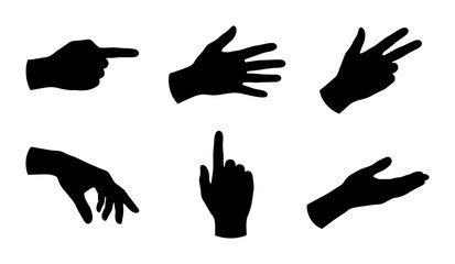 Obraz premium Collection of black hand silhouettes showing different gestures and counting on white background Vector