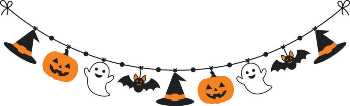 Halloween garland with pumpkins, ghosts, bats, and witch hats for festive decorations
