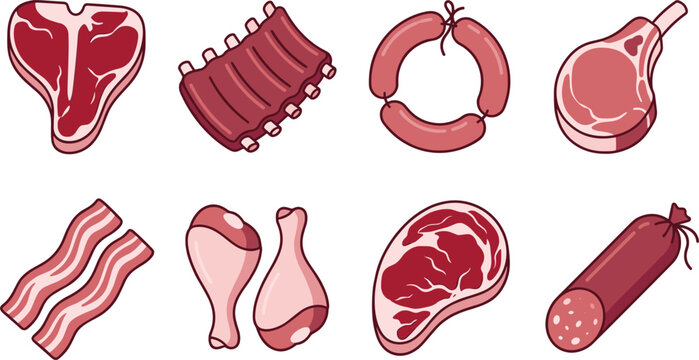 Butcher Shop and BBQ Meat Vector Icon Set Featuring T Bone Steak Pork Ribs Sausages Tomahawk Chop Bacon Strips Chicken Drumsticks Ribeye and Salami