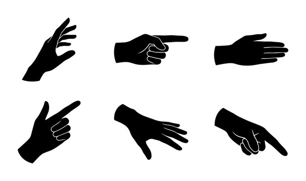 Collection of black silhouette hands gesturing and pointing in different directions Vector