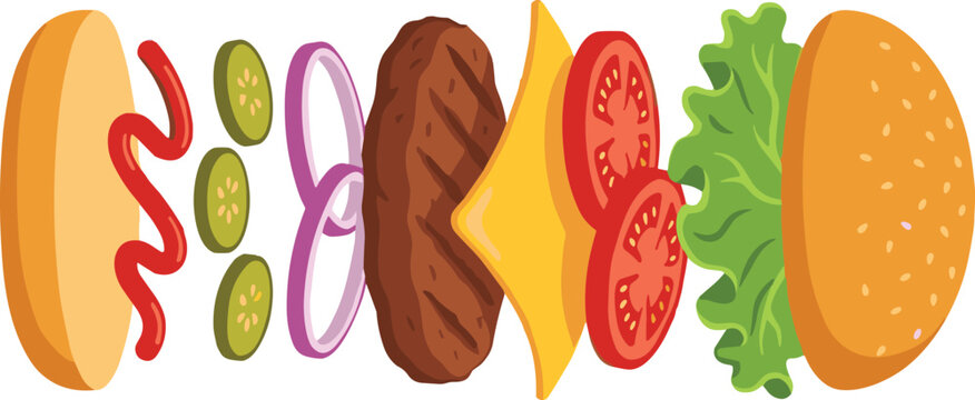Deconstructed Cheeseburger Exploded View Vector Illustration with Floating Layers of Bun, Beef Patty, Cheese, Lettuce, Tomato, Onion, Pickles, and Ketchup Sauce