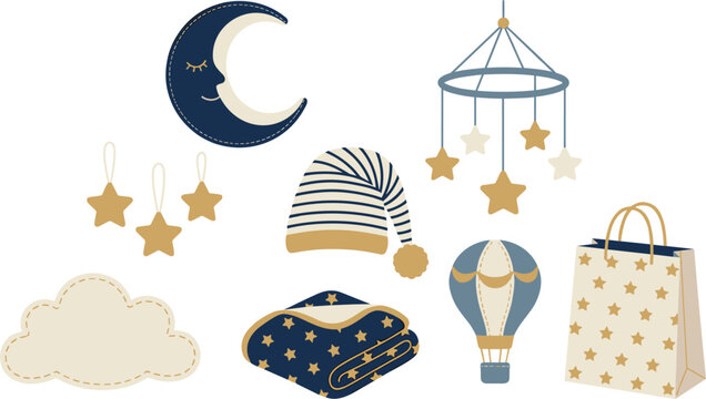 Cute Newborn Baby Shower Vector Element Set with Sleeping Crescent Moon, Crib Mobile, Nightcap, Cloud, Blanket, Hot Air Balloon, and Starry Pattern Gift Bag