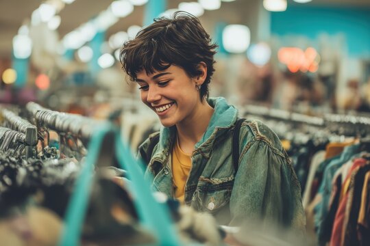 Gen Z person happily sifting through racks of vintage clothing at a thrift store with a reusable shopping bag, perfect for ethical fashion and circular economy concept.
