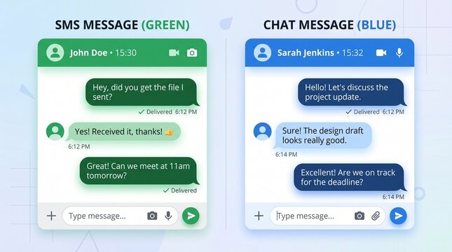 Green SMS and blue chat messages contrast tradition and modernity&mdash;symbolizing evolving communication styles, user experience, and the dynamic shift from text to digital conversation.