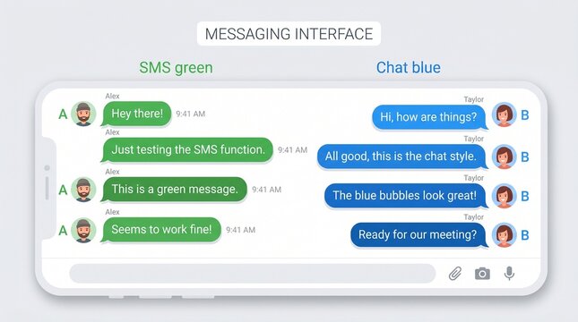 Green SMS and blue chat messages contrast tradition and modernity&mdash;symbolizing evolving communication styles, user experience, and the dynamic shift from text to digital conversation.