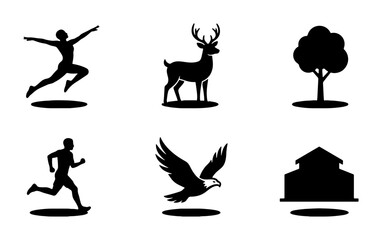 Fototapeta premium Collection of black silhouette icons: jumping person, running man, deer, eagle, tree, and house Vector