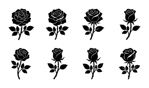 Set of eight black rose silhouettes with stems and leaves on a white background Vector