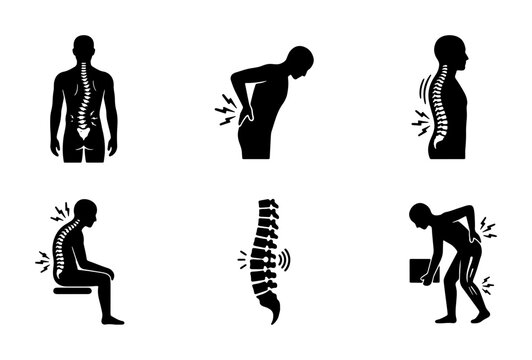 Human spine problems and pain icons showing bad posture, scoliosis, backache and lifting injury Vector