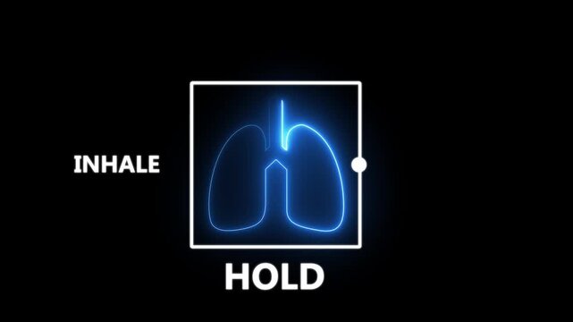 glowing neon a box breathing exercise guide with lungs icon and inhale-hold-exhale cycle .useful for meditation, motion graphic of relaxation and mindfulness concept.