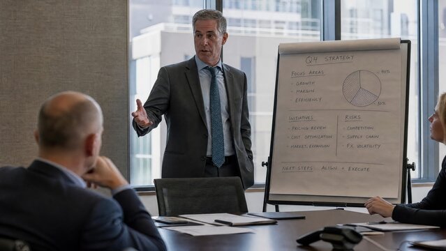 Generative AI, Male Business Executive Presenting Q4 Strategy on Flipchart in Corporate Boardroom