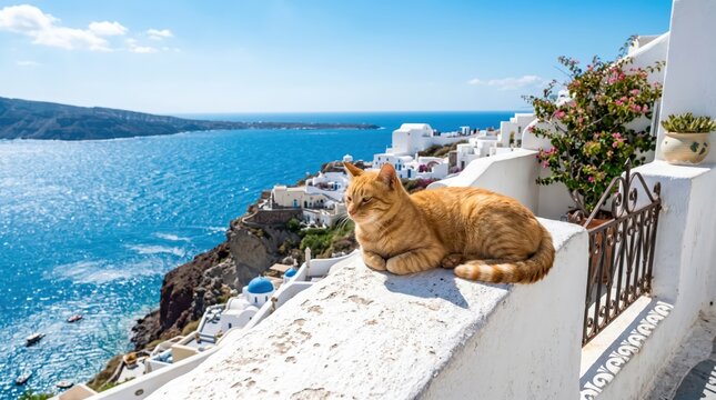 Ginger tabby cat resting on white parapet overlooking coastal village and blue sea, sunny daytime terrace scene with white architecture, railing and flowering plant conveying relaxed seaside mood