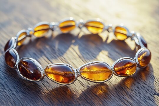Amber and sterling silver bracelet with organic shapes arranged on polished wooden surface showcasing artisanal jewelry craftsmanship and luxury natural design