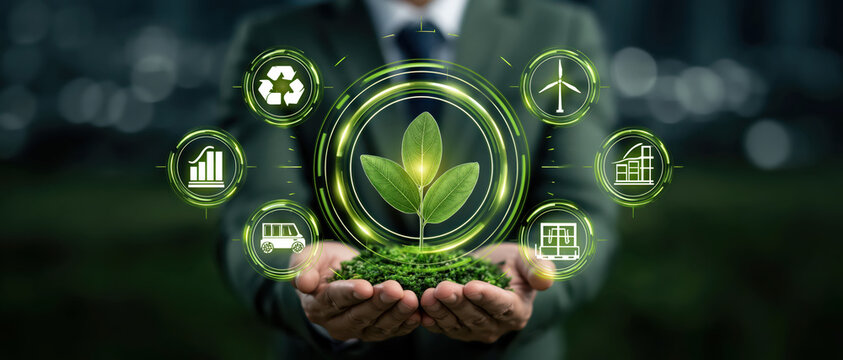 Green business sustainable seedling hand ecology renewable energy recycling growth concept for corporate responsibility, clean technology strategy