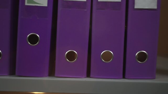 Purple office binders standing neatly on a shelf