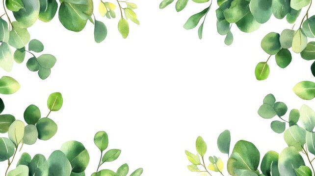 Watercolor eucalyptus leaves frame border background with blank center space for wedding invitations and natural plant designs.