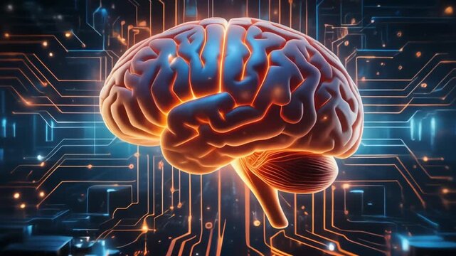 "Glowing stylized human brain integrated with illuminated circuitry, symbolizing artificial intelligence, neural networks, and fusion of human cognition with advanced digital technology in futuristic 