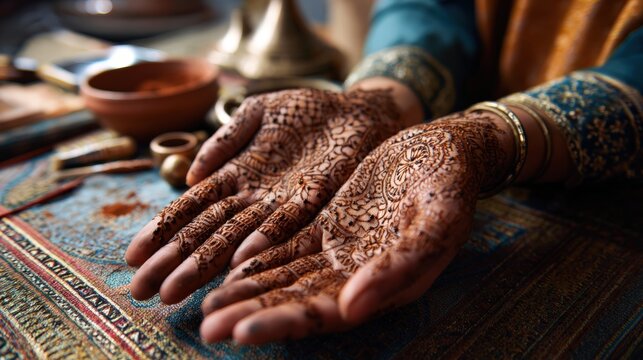 Henna patterns being applied to a woman's hand by an artist, showcasing a traditional cultural art form often used in ceremonies and weddings, perfect for beauty and heritage promotion content.