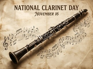 Obraz premium Beautiful black clarinet with sheet music celebrating national clarinet day on november sixteenth