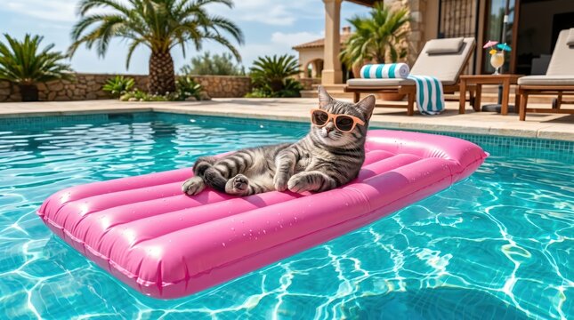 Tabby cat wearing sunglasses lounging on pink inflatable mattress in sunny backyard pool, relaxed pet on float near sun loungers and palm plants, playful summer leisure scene