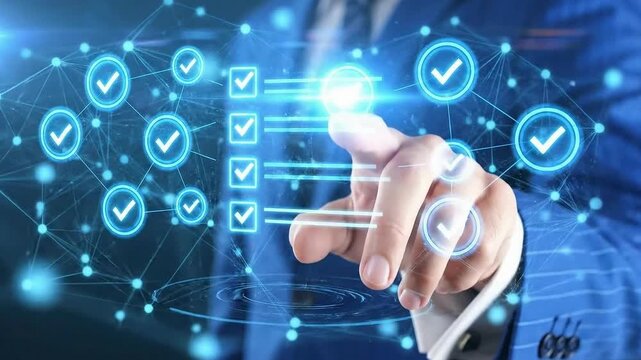 Businessman Touching Virtual Checkmarks on Digital Interface