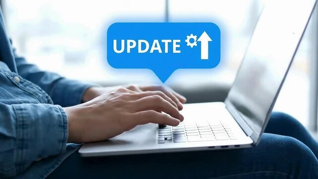 Person typing on laptop with update notification