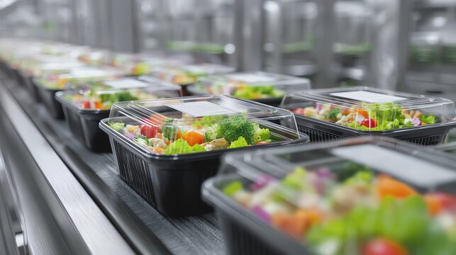 Fresh salads in packaging on assembly line.