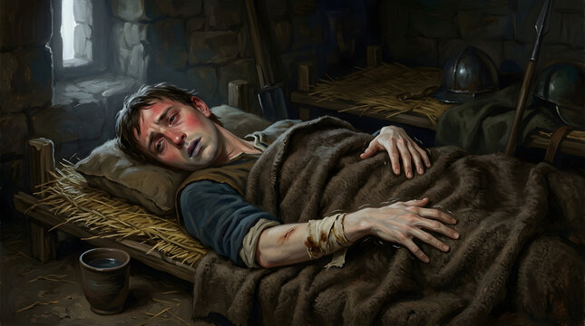 A wounded medieval soldier lies on a rustic straw cot inside a dim stone barracks, suffering from injury and fever with a bandaged arm