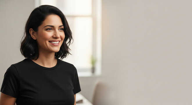 Cheerful smiling woman wearing casual black shirt perfect for professional modern fashion concepts and creative relaxed lifestyle plan