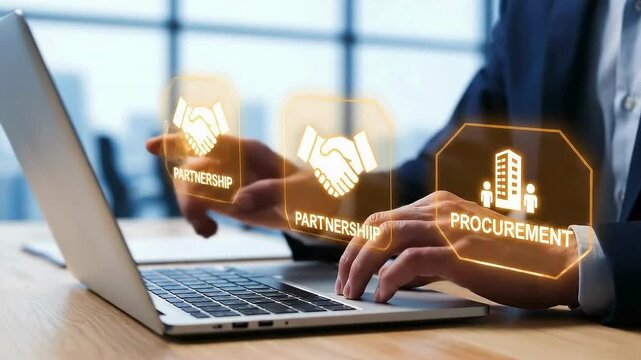 Businessman working on laptop with partnership procurement icons